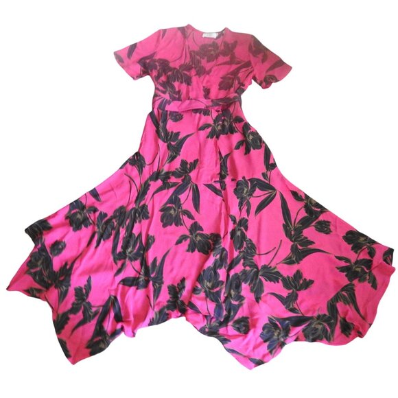 A.L.C. ALC Pink Black Floral Short Sleeve Wrap Tie Waist 100% Silk Dress Size 8 - Picture 1 of 8
